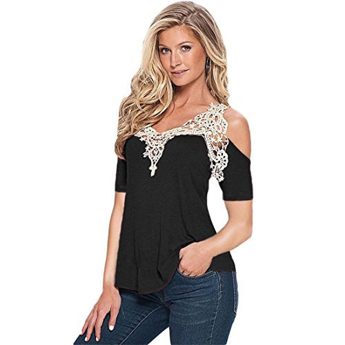 HANYI Elegant Shirt Lady Girls Summer Beach Fashion Sexy Print Lace Blouse Tops
women