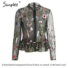 Simplee Black flower embroidery blouse shirt Women tops blouse chemise femme camisa Transparent long sleeve summer 2017 blusas
women