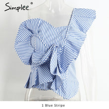 Simplee One shoulder blouse shirt women tops Summer irregural striped shirt blouse chemise femme Elegant ruffles zipper blusas-women