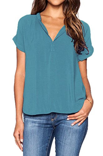 LILBETTER Women Chiffon Blouse V Neck Short Sleeve Top Shirts
women