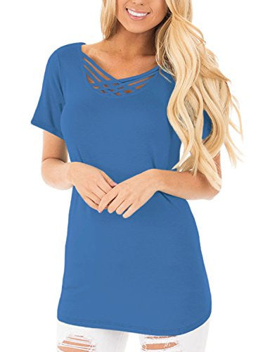 Astylish Women Sexy Criss Cross Short Sleeve Casual Loose Blouse Tops
women