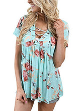 Coutgo Womens Summer Short Sleeve V Neck Floral Print Lace Up Blouses Top
women