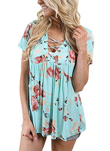 Coutgo Womens Summer Short Sleeve V Neck Floral Print Lace Up Blouses Top
women