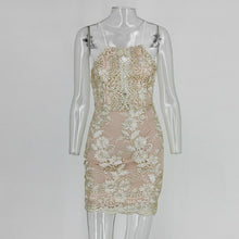 2017 Fashion brand women sequin lace floral dress Backless tie up mini dresses hot sale gold flower night club party vestidos-Women