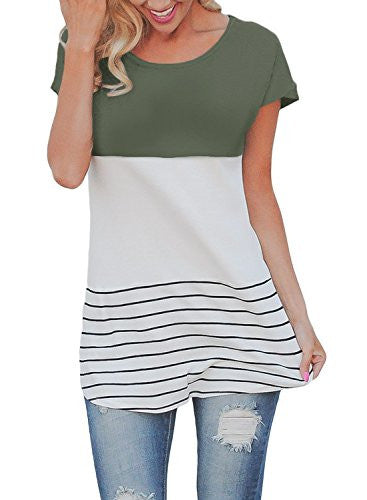 FARYSAYS Women's Color Block Striped Crewneck Patchwork Short Sleeve Comfy Loose Fit Tunic Tops
women