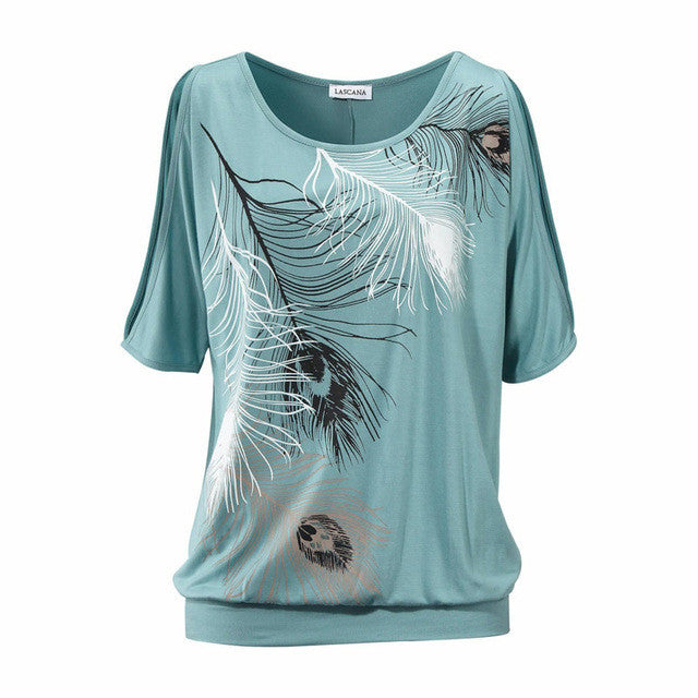 Slit Sleeve Cold Shoulder Feather Print Women Casual Summer T Shirt Girl 2017 Tee Tshirt Loose Top T-Shirt plus size S-5XL
women