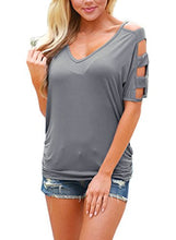 HOTAPEI Women's V Neck T Shirts Casual Loose Cut Out Shoulder Tops and Blouses
women