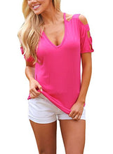 HOTAPEI Women's V Neck T Shirts Casual Loose Cut Out Shoulder Tops and Blouses
women