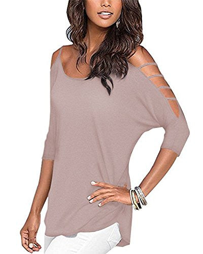 OUGES Women's Three-quarter Sleeves Hollowed Out Shoulder Casual Shirt Tops
women