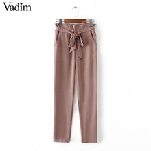 women OL chiffon high waist harem pants bow tie drawstring sweet elastic waist pockets casual trousers pantalones ZC047
women