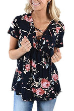 Coutgo Womens Summer Short Sleeve V Neck Floral Print Lace Up Blouses Top
women