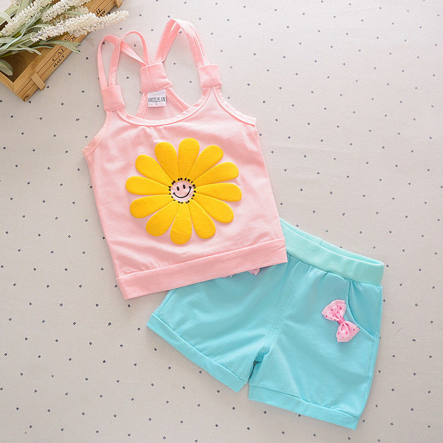 Baby Girls children short Sets Clothing Summer Sunflower T Shirts + Pants Cotton Sleeveless Kids Costume Boy Clothes Suits cs035
kids