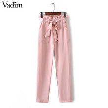 women OL chiffon high waist harem pants bow tie drawstring sweet elastic waist pockets casual trousers pantalones ZC047
women