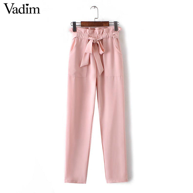 women OL chiffon high waist harem pants bow tie drawstring sweet elastic waist pockets casual trousers pantalones ZC047
women