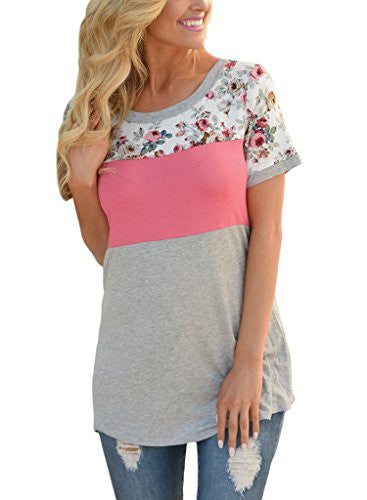 HOTAPEI Women Casual Floral Print Short Sleeve Colorblock Blouse Tops
women