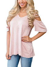 HOTAPEI Women's V Neck T Shirts Casual Loose Hollow Out Shoulder Tops and Blouses
women