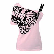 2017 Newest Summer Cotton Top Shirts Women T Shirts Skew Collar Butterfly Print Tshirt Ladies Plus Size T-shirt Tees Tops
women