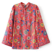 RED Boho blouse 2017 autumn birds floral print blouses Vinatge o-Neck flare long Sleeve Bohemia women blouses Hippie TOP
women