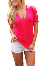 DREAGAL Women Sexy V Neck T Shirts Loose Cut Out Shoulder Tops
women