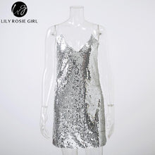 Deep V Neck Autumn Silver Sequined Backless Sexy Dress Women Off Shoulder Mini Dress Christmas Party Club Strap Dresses Vestidos
women