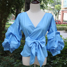 2017 Summer Puff Sleeve White Blouse with Belt Women Sexy V Neck Woman Shirt Elegant Plaid Tops Formal Clothing for Office lady
women