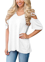 HOTAPEI Women's V Neck T Shirts Casual Loose Hollow Out Shoulder Tops and Blouses
women