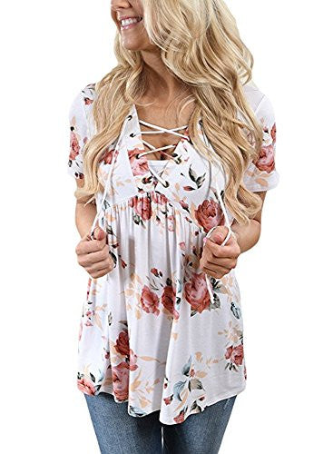 Coutgo Womens Summer Short Sleeve V Neck Floral Print Lace Up Blouses Top
women