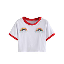 ROMWE Contrast Trimmed Rainbow Patch Crop Tees Summer Woman T shirts 2016 Fashion Round Neck Short Sleeve White Casual T-Shirt
women