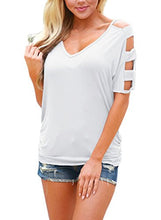 HOTAPEI Women's V Neck T Shirts Casual Loose Cut Out Shoulder Tops and Blouses
women