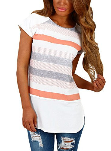 Annflat Women's Color Block Striped Short Sleeve T Shirt Casual Blosue Tops
women