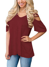 HOTAPEI Women's V Neck T Shirts Casual Loose Hollow Out Shoulder Tops and Blouses
women