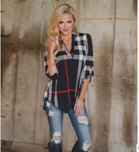 Women's T-shirt European style sexy V Neck T-shirt Women's Tops 2017 Autumn New Fashion Plus Size Plaid Print Top T-Shirt Women-Women
