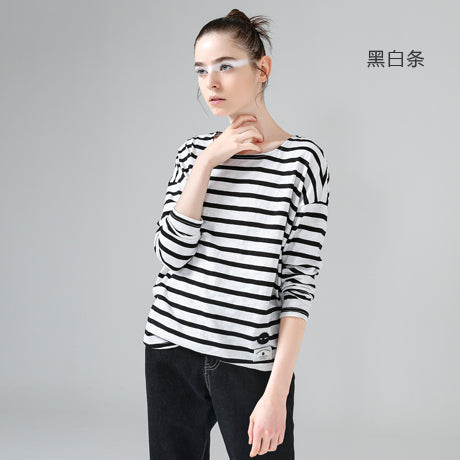 Toyouth T-Shirts 2017 Spring Women T-Shirt Stripe Printed Loose Base Casual Long Sleeve O-Neck Tees Tops
women