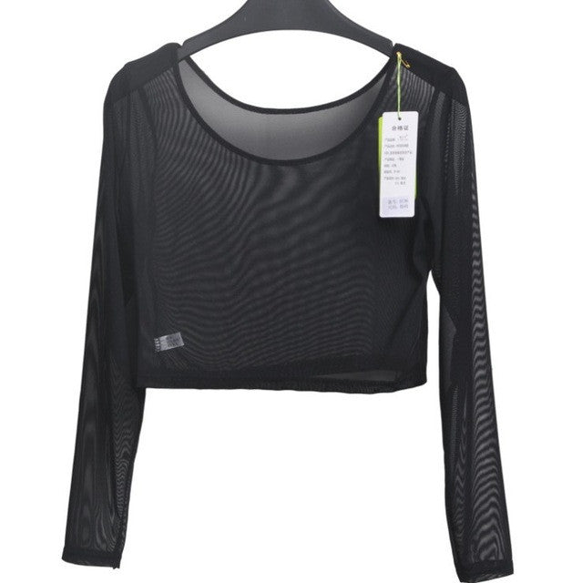 8 Colors Women Sexy Slim Semi-transparent Mesh Crop Tops Girl Long Sleeve Short T-Shirts Tees Single Layer Mesh