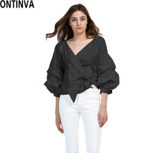 2017 Summer Puff Sleeve White Blouse with Belt Women Sexy V Neck Woman Shirt Elegant Plaid Tops Formal Clothing for Office lady
women