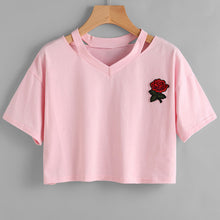 2017 Fashion Summer Kawaii Embroidery Rose Print Aliens T Shirts Women Short Sleeve Tops Tees Casual Female Pink T-shirt Ukraine
women