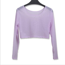 8 Colors Women Sexy Slim Semi-transparent Mesh Crop Tops Girl Long Sleeve Short T-Shirts Tees Single Layer Mesh
