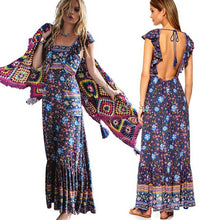 Boho Inspired 2017 summer dresses floral print cotton backless long maxi dress hippie chic ruffles sleeve women sexy vestidos
women
