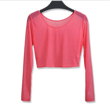 8 Colors Women Sexy Slim Semi-transparent Mesh Crop Tops Girl Long Sleeve Short T-Shirts Tees Single Layer Mesh