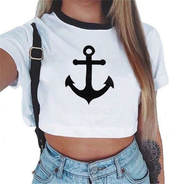 2017 New Fashion brand Summer style Anchor printed t shirt women tops t-shirt O-neck cotton tee-Women