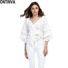 2017 Summer Puff Sleeve White Blouse with Belt Women Sexy V Neck Woman Shirt Elegant Plaid Tops Formal Clothing for Office lady
women