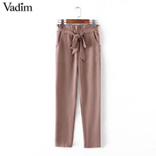 women OL chiffon high waist harem pants bow tie drawstring sweet elastic waist pockets casual trousers pantalones ZC047
women